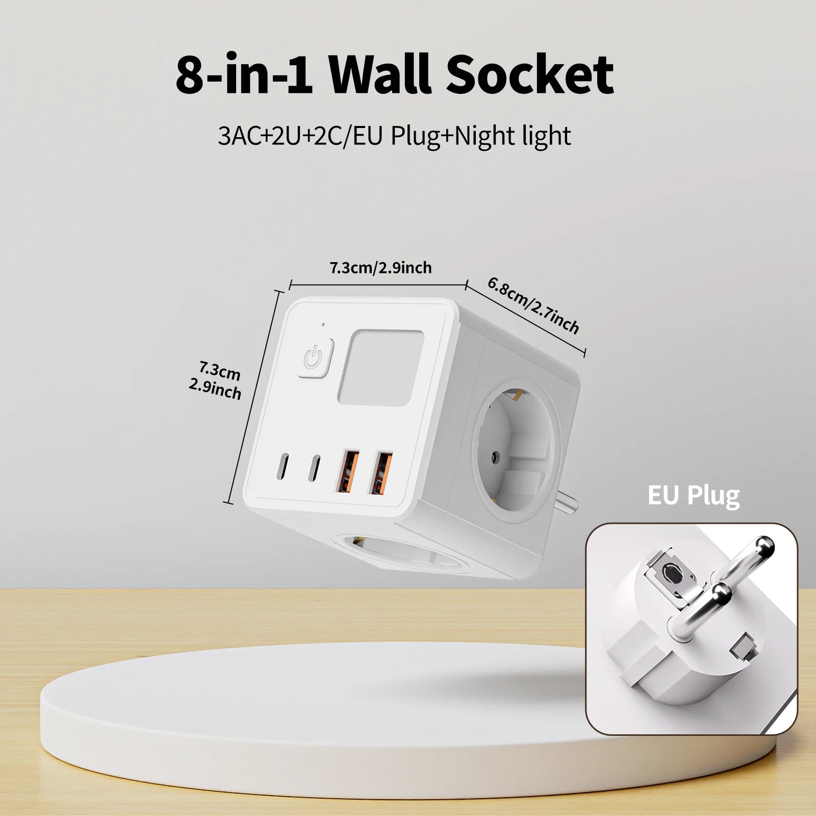 1 EU power strip, 3 AC sockets & 2 USB ports & 2 Type-C ports & with a 3-color small night light.