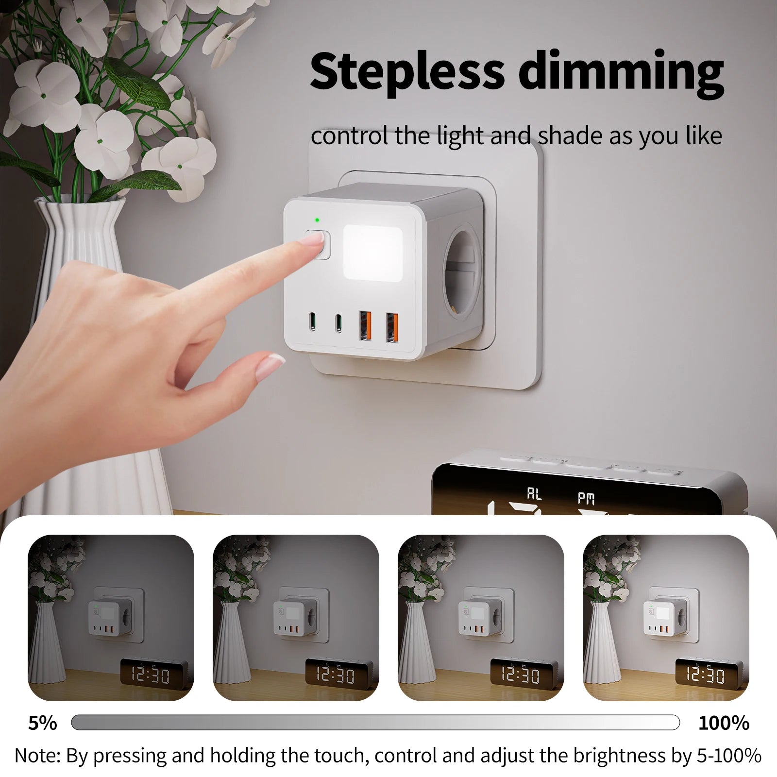 1 EU power strip, 3 AC sockets & 2 USB ports & 2 Type-C ports & with a 3-color small night light.