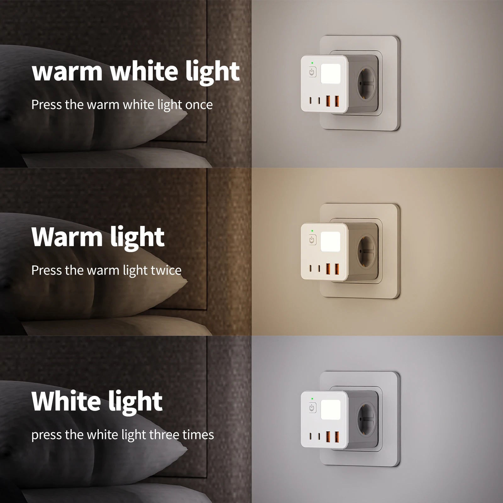 1 EU power strip, 3 AC sockets & 2 USB ports & 2 Type-C ports & with a 3-color small night light.