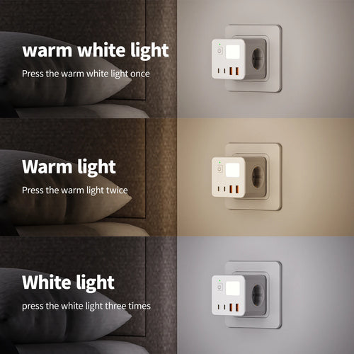 1 EU power strip, 3 AC sockets & 2 USB ports & 2 Type-C ports & with a 3-color small night light.