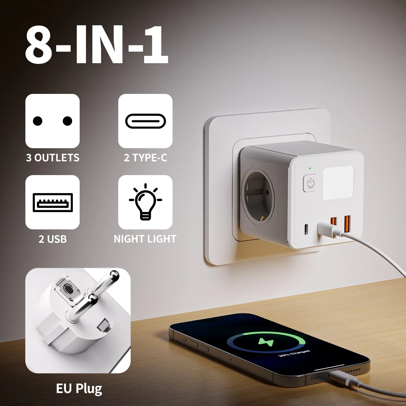 1 EU power strip, 3 AC sockets & 2 USB ports & 2 Type-C ports & with a 3-color small night light.