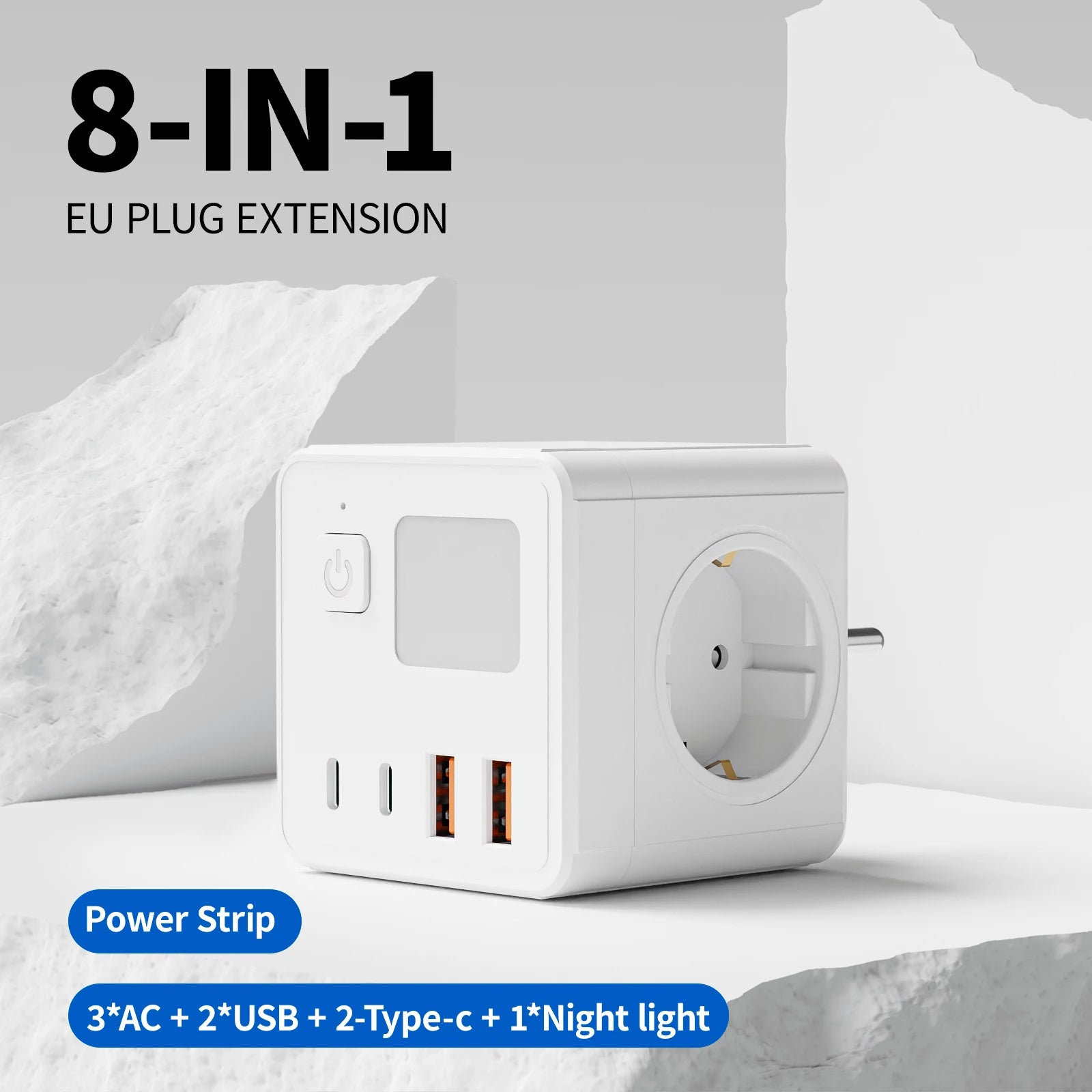 1 EU power strip, 3 AC sockets & 2 USB ports & 2 Type-C ports & with a 3-color small night light.